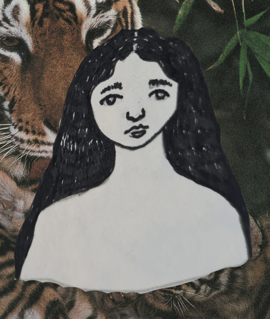 illustrated profile of woman in pen on printer paper atop national geographic cut-out image of mother tiger grooming her babies